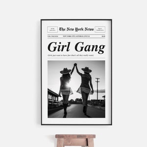 Girl Gang Newspaper Wall Art, Vintage Newspaper Print, Trendy Bar Cart Wall Art, Preppy Apartment art, Retro Dorm Wall Art, Feminist Art