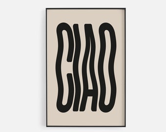 Wavy Ciao Wall Art, Framed Dorm Wall Decor, Retro Typography Print, Funky Bedroom Wall Art, Groovy Y2K Wall Decor, Trendy Ciao Wall Art