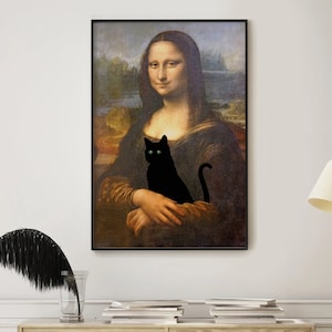 Altered Mona Lisa Art, Famous Portrait Painting, Black Cat Wall Art, Framed Wall Art, Cat Lover Gift, Animal Wall Art, Classic Wall Art