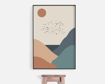 Skandinavischer Abstrakter Landschaftskunstdruck, nordische Sonne und Bergkunst, minimalistischer Landschaftsdruck, moderner Scandi Druck, abstrakte Leinwand