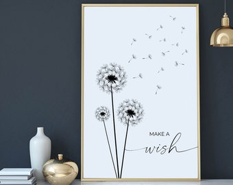 Dandelion Make A Wish Quote, Dandelion Wall Art, Dandelion Print, Black And White Dandelion Print, Quote Wall Art, Dandelion Bedroom Print