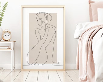 Female Form Line Art , Nude Art Abstract Print, Modern Living Room Decor, Feminine Black and White Art,  Home Gallery, Naked Woman Drawing