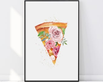 May include: A watercolor painting of a pizza slice with pink and white flowers in place of the toppings. The pizza slice is on a white background with gold glitter.