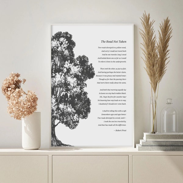 Robert Frost The Road Not Taken Poem Print, Home Decor Wall Art, Inspiring Words Poem, Motivational Typography Art, Literary Wall Art Print