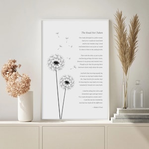 The Road Not Taken Robert Frost Poem Print, Dandelion Literary Quote, Dandelion Wall Art, Inspiring Words, Motivational Typography Quotes