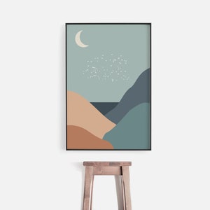 Scandinavian Abstract Landscape Art Print, Nordic Moon  and Mountain Art , Minimalist Landscape Print, Modern Scandi Print, Abstract Canvas