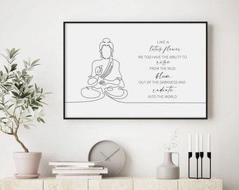 Buddha Line Art, Like A Lotus Flower Quote Yoga Boho Art Print, Zen Buddha Wall Art, Yogi Decor, Boho Artwork, Black & White Buddha Print