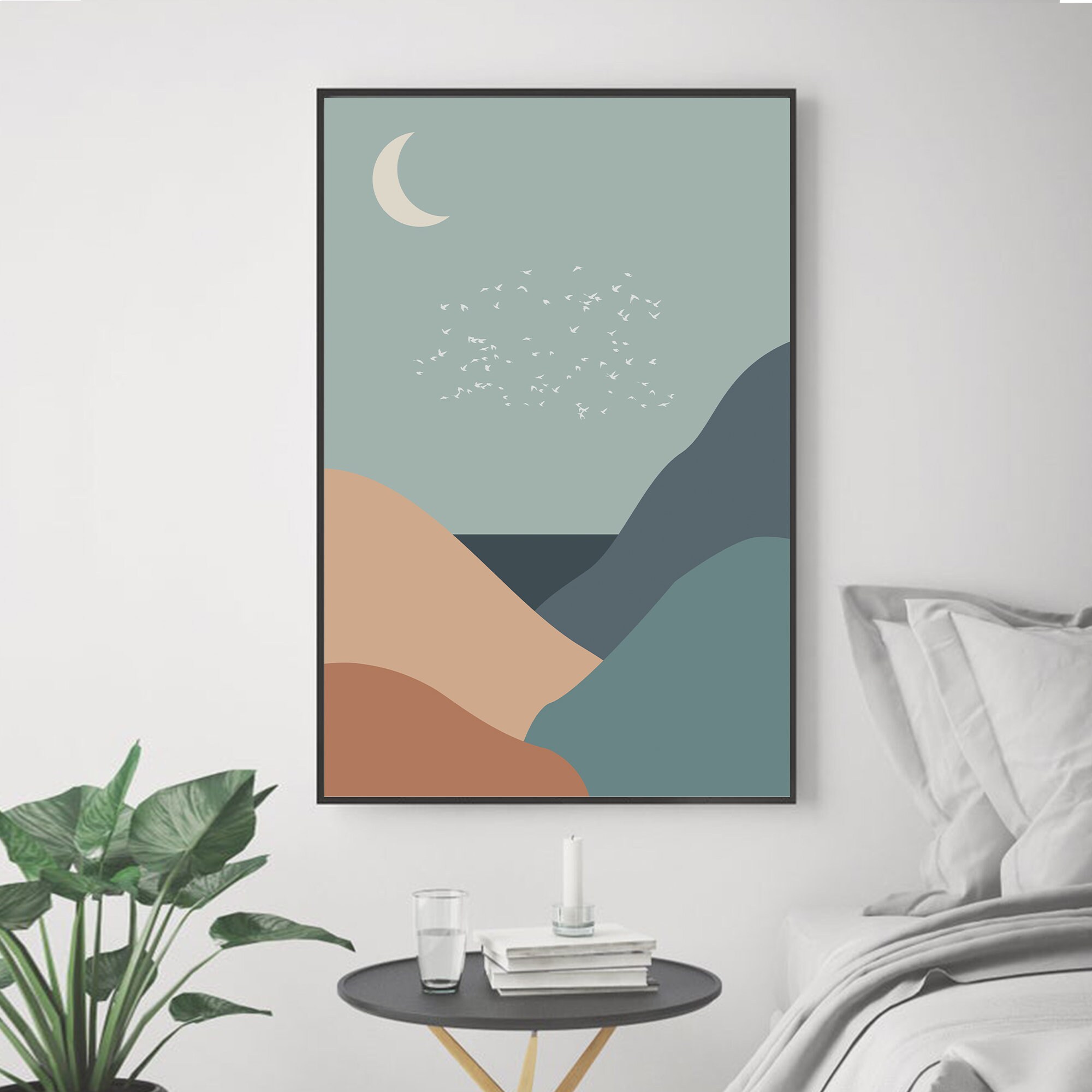 Scandinavian Abstract Landscape Art Print, Nordic Moon and Mountain Art ...