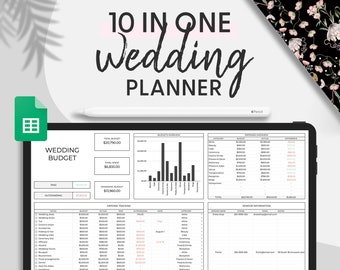 May include: A digital wedding planner on a tablet screen with a green Google Sheets icon in the top left corner. The planner includes a budget tracker, expense tracking, vendor information, and a timeline. The text "10 IN ONE Wedding Planner" is at the top of the screen.