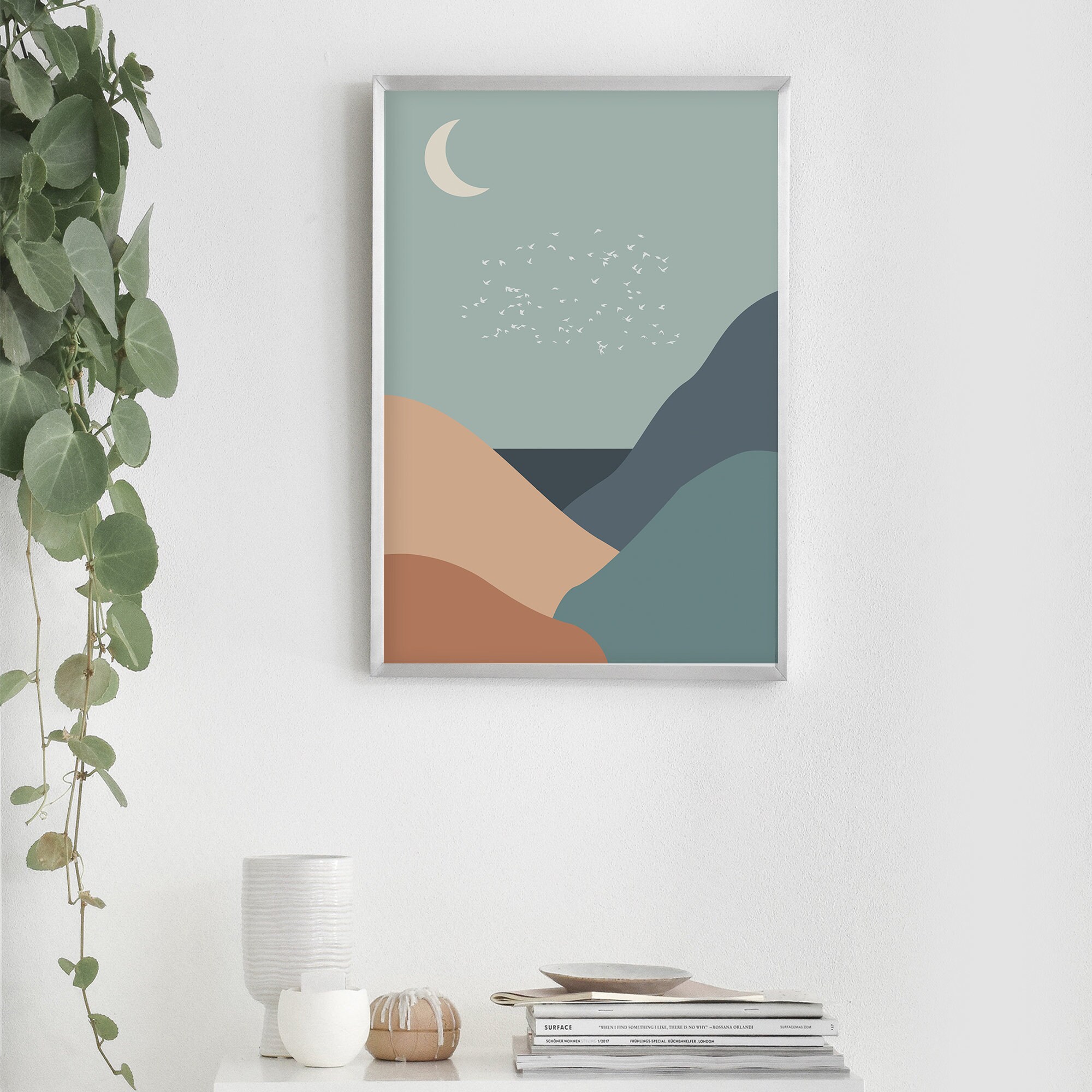 Scandinavian Abstract Landscape Art Print, Nordic Moon and Mountain Art ...