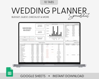 Può includere: Un computer portatile che mostra un foglio di calcolo di Google Sheets con 10 schede per la pianificazione del matrimonio. Il foglio di calcolo include sezioni per il budget, la lista degli ospiti, la lista di controllo e altro ancora. Il testo "WEDDING PLANNER Spreadsheet" è visualizzato nella parte superiore dello schermo.