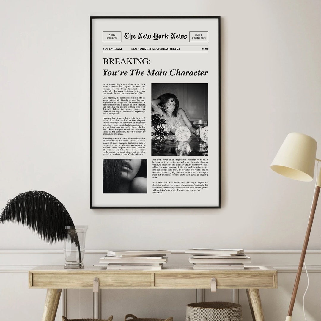 Main Character Newspaper Wall Art, Vintage Newspaper Print, Trendy