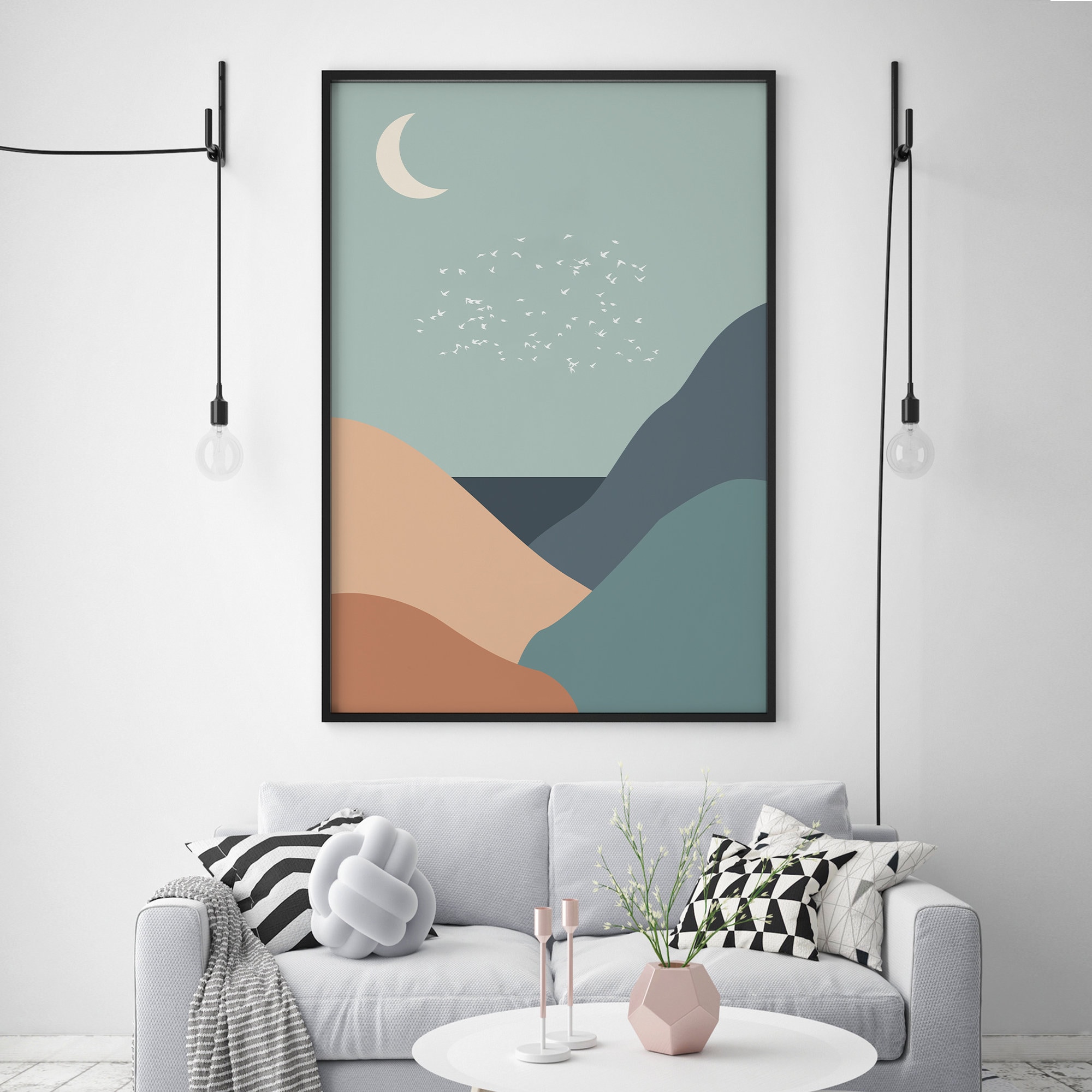 Scandinavian Abstract Landscape Art Print, Nordic Moon and Mountain Art ...