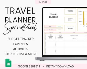 May include: A laptop screen displaying a Google Sheets spreadsheet for travel planning. The spreadsheet includes sections for budget tracking, expenses, activities, and a packing list. The spreadsheet has 10 tabs and is titled "Travel Planner Spreadsheet".