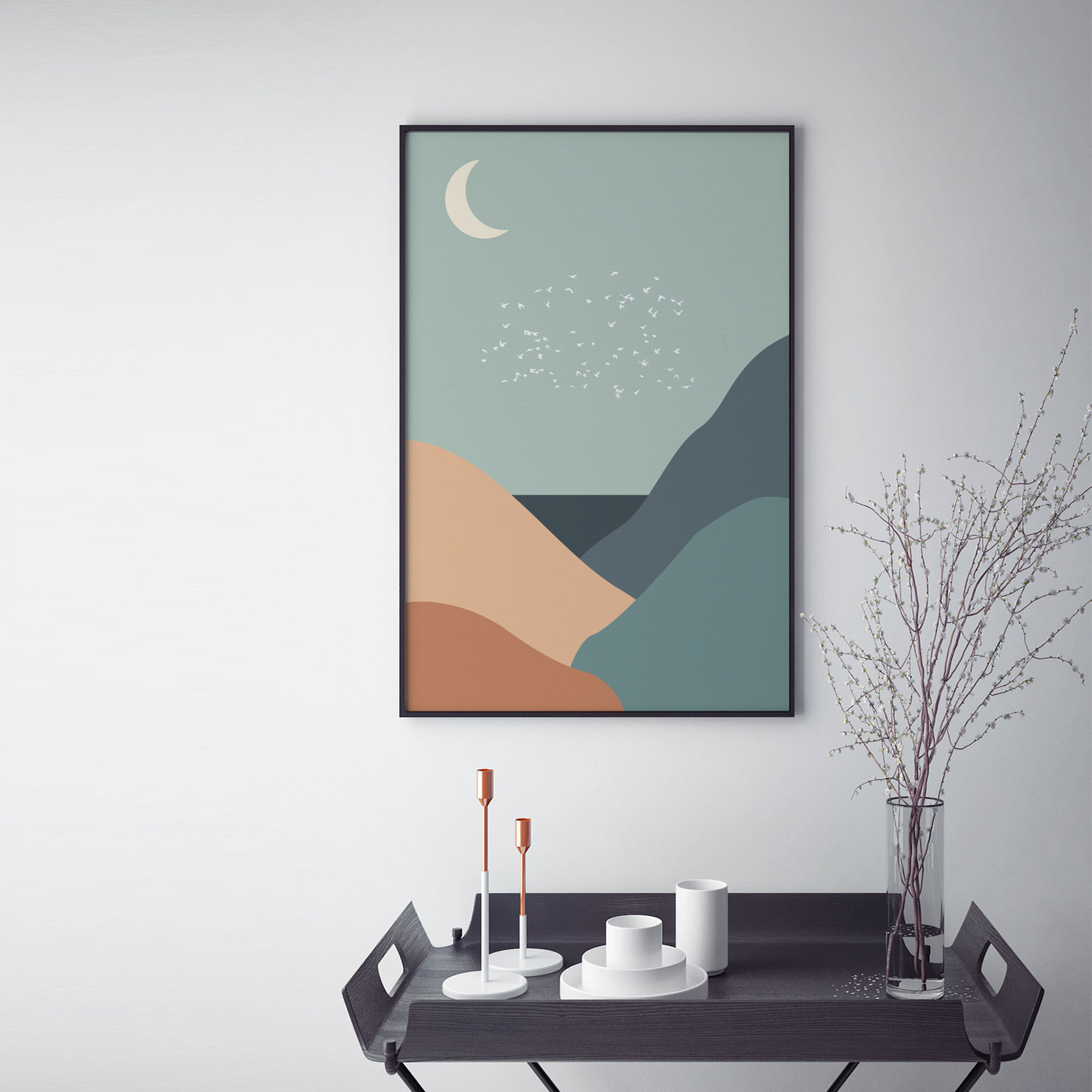 Scandinavian Abstract Landscape Art Print, Nordic Moon and Mountain Art ...