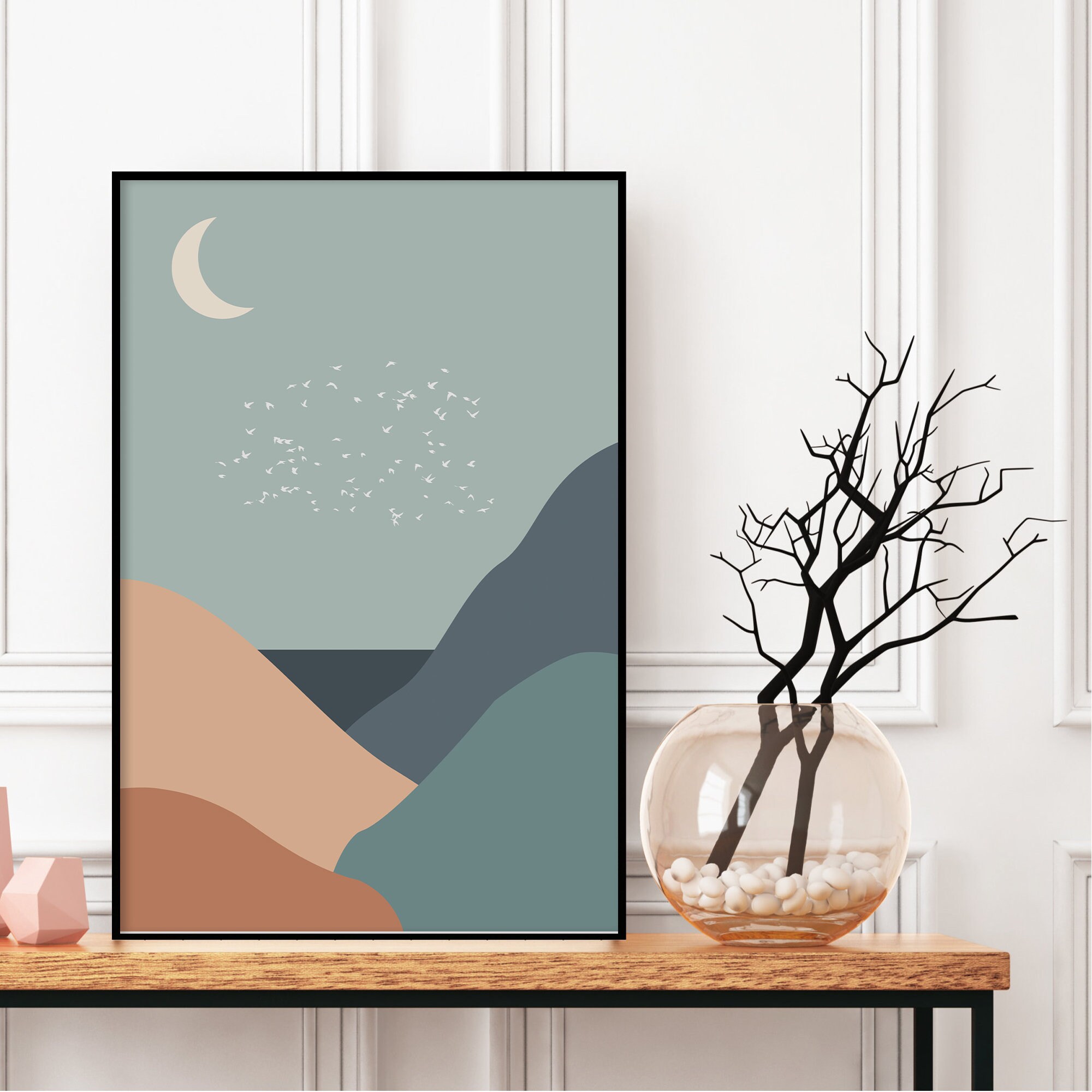 Scandinavian Abstract Landscape Art Print, Nordic Moon and Mountain Art ...