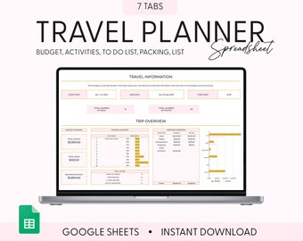 May include: A laptop computer displaying a Google Sheets spreadsheet with the title "TRAVEL PLANNER Spreadsheet". The spreadsheet has 7 tabs and includes sections for budget, activities, to-do list, packing, and a trip overview.