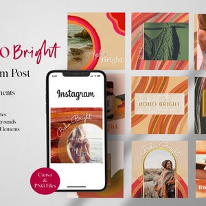 May include: A set of 14 Instagram post templates and 32 PNG elements in a boho style with bright colors and abstract shapes. The templates feature the text "Boho Bright" and include images of a woman in a bohemian outfit, a beach scene, and a macrame wall hanging.