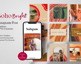 Boho Instagram Post Templates, Bright Social Media Design (Canva, PNG)