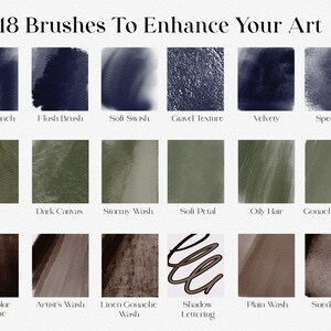 May include: A collection of 18 digital watercolor brushes for use in digital art programs. The brushes are shown as swatches in various shades of blue, green, and brown.