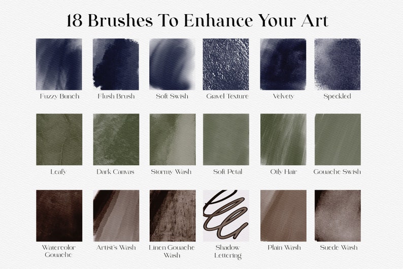 May include: A collection of 18 digital watercolor brushes for use in digital art programs. The brushes are shown as swatches in various shades of blue, green, and brown.