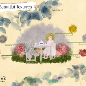 May include: A digital illustration of different brush textures, including petals, shrubs, wheat, and cotton. The illustration features a tea party scene with a bunny and a girl sitting at a table with a teapot and cups.
