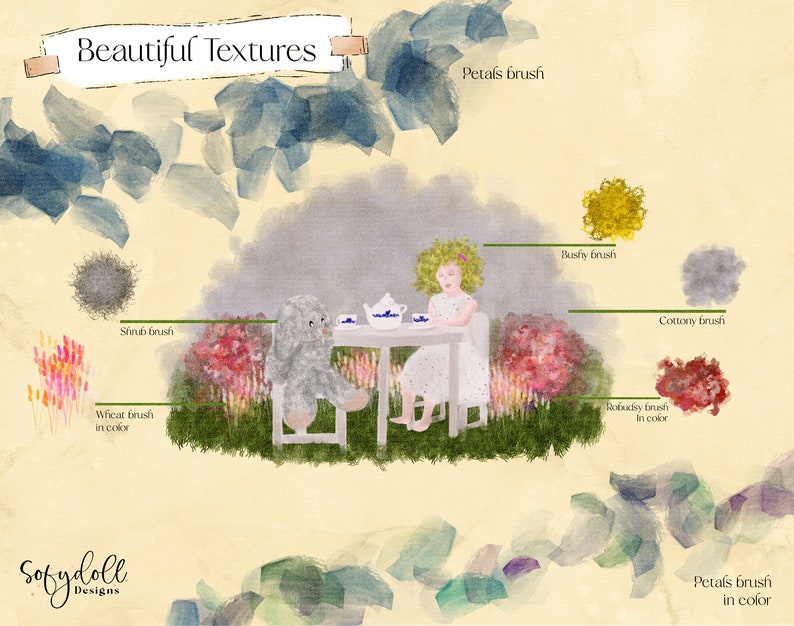 May include: A digital illustration of different brush textures, including petals, shrubs, wheat, and cotton. The illustration features a tea party scene with a bunny and a girl sitting at a table with a teapot and cups.