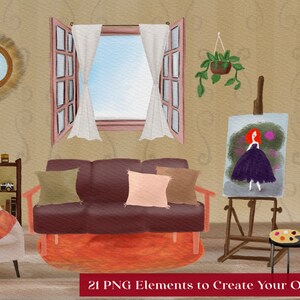 May include: A digital illustration of a living room with a couch, a chair, a window, a painting on an easel, a mirror, a bookshelf, and a potted plant. The room is decorated with a rug, pillows, and a painting on the wall. The illustration is in a watercolor style.