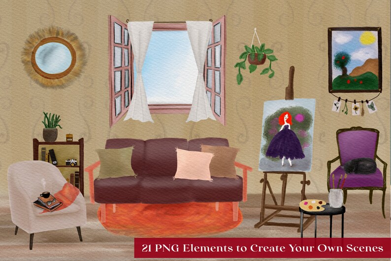 May include: A digital illustration of a living room with a couch, a chair, a window, a painting on an easel, a mirror, a bookshelf, and a potted plant. The room is decorated with a rug, pillows, and a painting on the wall. The illustration is in a watercolor style.