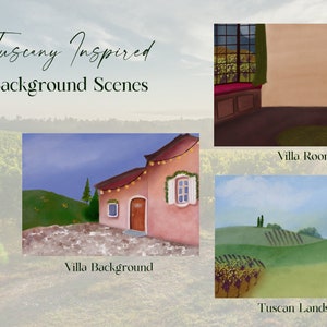 May include: Three digital background scenes inspired by Tuscany. The first scene shows a pink villa with string lights, the second scene shows a vineyard landscape, and the third scene shows a room with a window overlooking a vineyard.