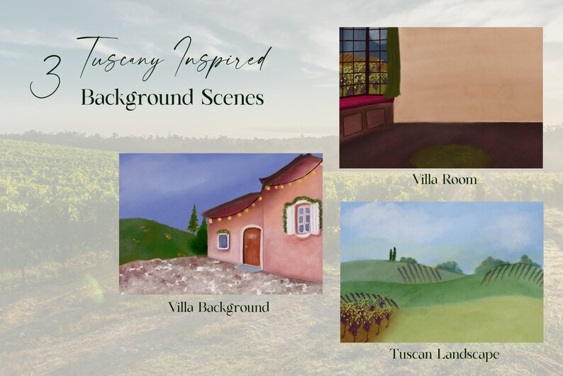May include: Three digital background scenes inspired by Tuscany. The first scene shows a pink villa with string lights, the second scene shows a vineyard landscape, and the third scene shows a room with a window overlooking a vineyard.