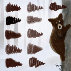 May include: A brown bear cub climbing a tree in a snowy forest. The image is made up of a series of brown, black, and gray brushstrokes.