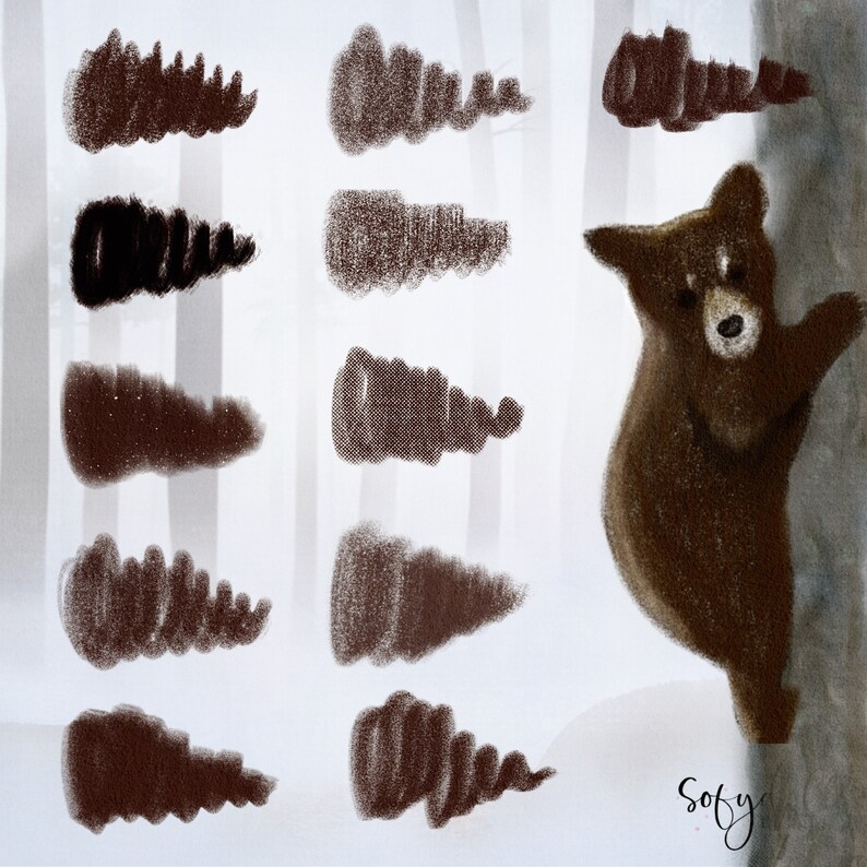 May include: A brown bear cub climbing a tree in a snowy forest. The image is made up of a series of brown, black, and gray brushstrokes.