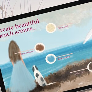 May include: Create beautiful beach scenes with these digital brush textures. The set includes textures for sand, water, clouds, and more.  The image shows a woman and a dog standing on a beach.