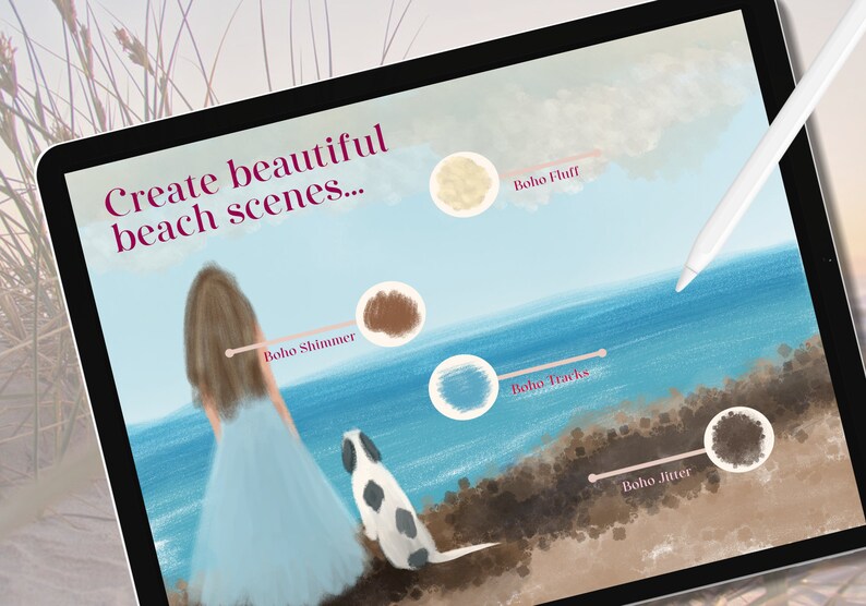 May include: Create beautiful beach scenes with these digital brush textures. The set includes textures for sand, water, clouds, and more.  The image shows a woman and a dog standing on a beach.