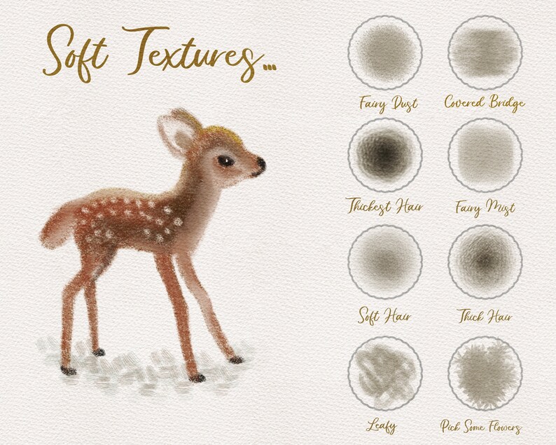May include: A digital illustration of a fawn with brown and white spots standing on a white background. The image includes a title "Soft Textures..." and a grid of nine different textures labeled with names like "Fairy Dust", "Covered Bridge", "Thickest Hair", "Fairy Mist", "Soft Hair", "Thick Hair", "Leafy", and "Pick Some Flowers".