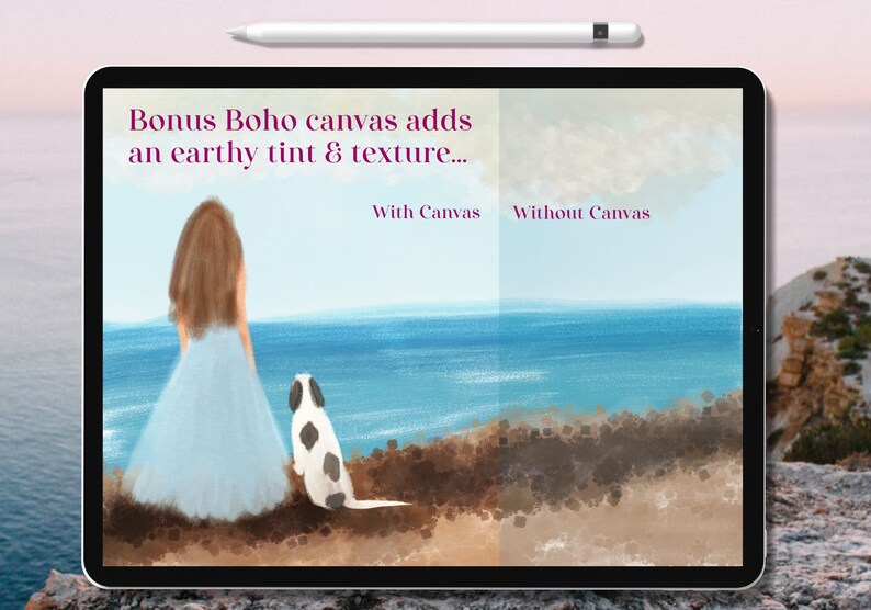 May include: A digital illustration of a woman in a blue dress and a dog standing on a cliff overlooking a blue ocean. The text "Bonus Boho canvas adds an earthy tint & texture..." is at the top of the image. The text "With Canvas" is above the woman and dog, and the text "Without Canvas" is above the ocean.
