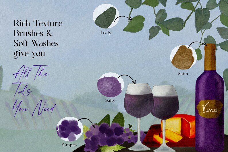 May include: A digital illustration of a wine bottle, two glasses of wine, a block of cheese, and grapes. The illustration is in a watercolor style with different textures, including leafy, salty, and grapes.