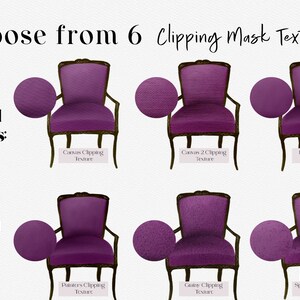 May include: Six different clipping mask textures for digital design.  The textures are shown as overlays on a purple chair with gold trim.  The textures include: Canvas, Canvas 2, Linen, Painter's, Grainy, and Speckled.