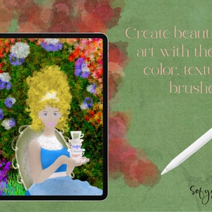 May include: A digital illustration of a woman with blonde hair wearing a blue dress and holding a stack of teacups. The background is a colorful garden with flowers and greenery. The text "Create beautiful art with these color: texture brushes..." is displayed above the image.