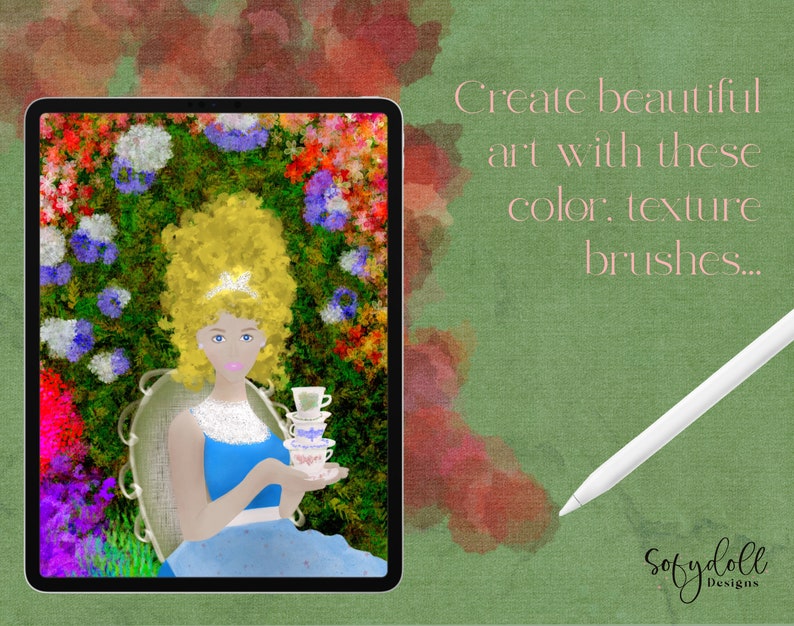 May include: A digital illustration of a woman with blonde hair wearing a blue dress and holding a stack of teacups. The background is a colorful garden with flowers and greenery. The text "Create beautiful art with these color: texture brushes..." is displayed above the image.