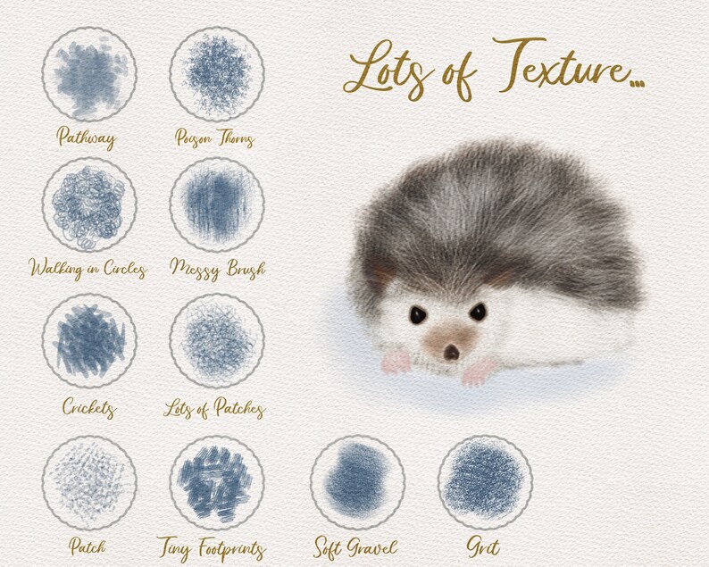 May include: A digital illustration of a hedgehog with the text "Lots of Texture."  Below the hedgehog are 10 circles, each containing a different texture pattern. The patterns are labeled with names like "Pathway", "Pozon Thorns", "Walking in Circles", "Messy Brush", "Crickets", "Lots of Patches", "Patch", "Tiny Footprints", "Soft Gravel", and "Grit".
