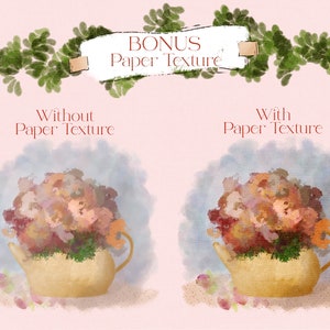 May include: Two watercolor illustrations of a teapot filled with flowers. The image on the left shows the illustration without a paper texture overlay. The image on the right shows the illustration with a paper texture overlay. The text "BONUS Paper Texture" is at the top of the image.