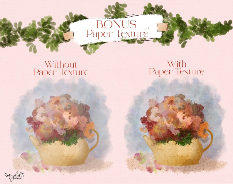 May include: Two watercolor illustrations of a teapot filled with flowers. The image on the left shows the illustration without a paper texture overlay. The image on the right shows the illustration with a paper texture overlay. The text "BONUS Paper Texture" is at the top of the image.