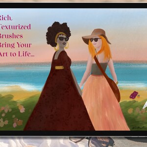 May include: Two women, one with brown skin and an afro, the other with red hair, are walking on a beach. They are both wearing sunglasses and summery clothing. The text "Rich, Texturized Brushes Bring Your Art to Life..." is at the top of the image.