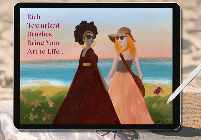 May include: Two women, one with brown skin and an afro, the other with red hair, are walking on a beach. They are both wearing sunglasses and summery clothing. The text "Rich, Texturized Brushes Bring Your Art to Life..." is at the top of the image.