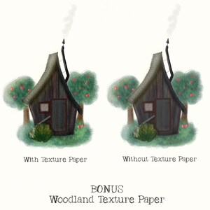 May include: A digital illustration of a small, gray, wooden cottage with a chimney and smoke coming out of it. The cottage is surrounded by green trees with red apples on them. The text "With Texture Paper" is below the cottage on the left and "Without Texture Paper" is below the cottage on the right. The text "BONUS Woodland Texture Paper" is at the bottom of the image.