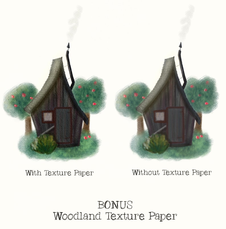 May include: A digital illustration of a small, gray, wooden cottage with a chimney and smoke coming out of it. The cottage is surrounded by green trees with red apples on them. The text "With Texture Paper" is below the cottage on the left and "Without Texture Paper" is below the cottage on the right. The text "BONUS Woodland Texture Paper" is at the bottom of the image.