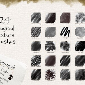 May include: A set of 24 black and white digital brush textures with names like "Midnight", "Sorcerer's Brew", and "Witch's Cloak". The text "24 Magical Texture Brushes" is at the top of the image. The text "Creativity Spell" is at the bottom of the image with a short poem about magic.