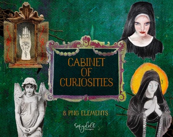 May include: A digital illustration of a vintage-style cabinet of curiosities with a green background. The cabinet is decorated with ornate gold and purple trim. The text "Cabinet of Curiosities" is written in gold lettering. There are eight PNG elements included in the set.
